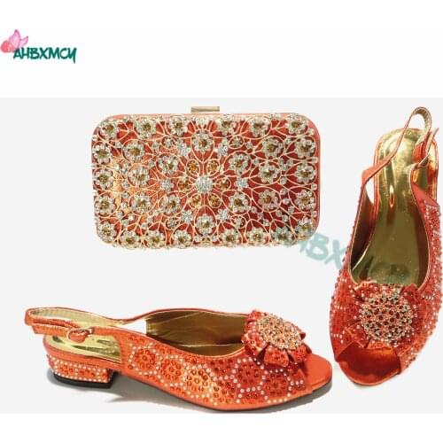 2021 Pretty Women Shoes and Bag to Matching in Orange Color High Quality Comfortable Heels with Shinning Crystal for Party