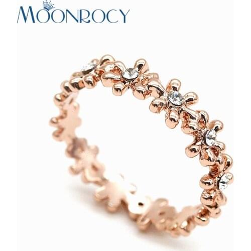 MOONROCY Drophipping Rose Gold Color Cubic Zirconia Crystal Rings Jewelry Snow Flower Ring for Women Girls Jewelry Gift