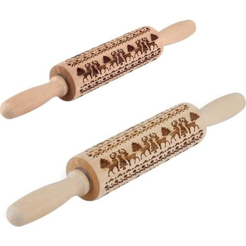 Embossed Rolling Pins Set, 2 Pcs Different Sizes Christmas Wooden Rolling Pins Parent-Child Reindeer Rolling Pins Pastry