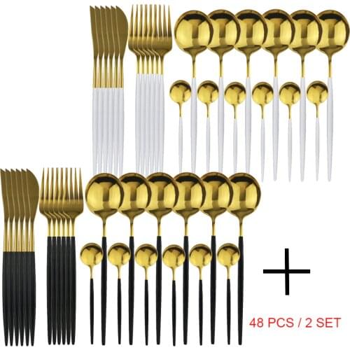 48Pcs Knife Fork Spoon Cutlery Sets Stainless Steel Dinner Set Kitchen Flatware Gold Dinnerware Set Wedding Mirror Tableware
