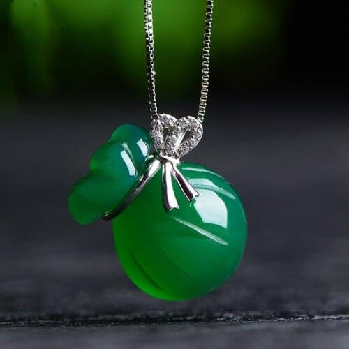 Natural Green Jade Chalcedony bag Pendant Agate 925 Silver Water droplet Necklace Charm Jewelry Carved Amulet Gifts for Women