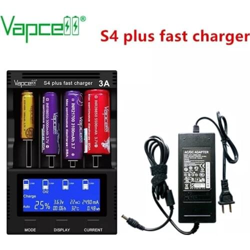 Vapcell New upgrade version S4 plus fast battery charger 3A 4 slot total 12a discharger/capacity test/repiar EU/US/UK/EU plug