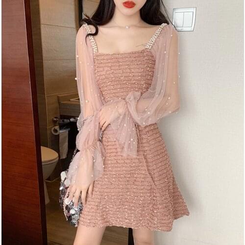 Vintage Beading Mesh Patchwork Korean Dress Women Autumn Street Sweet Ladies Dresses Kawaii Mini Elegant Long Sleeve Pink Dress