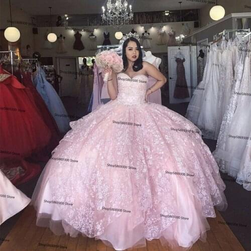 Pink Quinceanera Dress 2021 Sweetheart Appliques Sequined Backless Party Princess Sweet 16 Ball Gown Vestidos De 15 Años