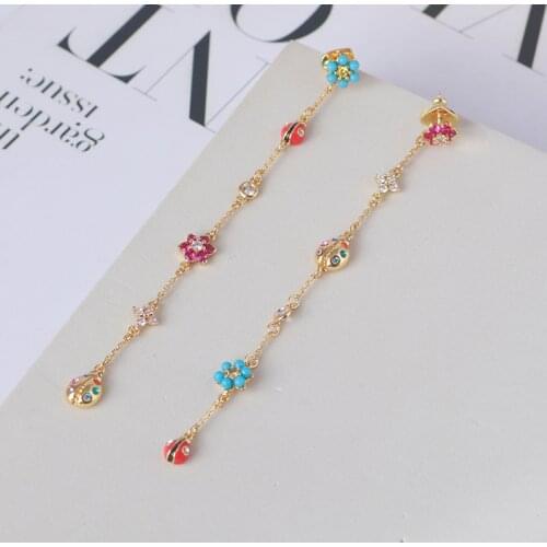 Small fresh three-dimensional enamel color flower small Ladybug inlaid sparkle small long asymmetric earrings for women