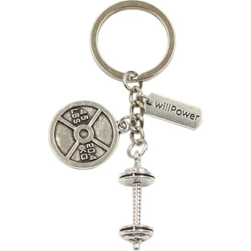 Body Building Barbell Dumbbell Strong Strength WillPower Pendant Diy Handmade Charms Men Car Keychain Key Ring Jewelry For Gift