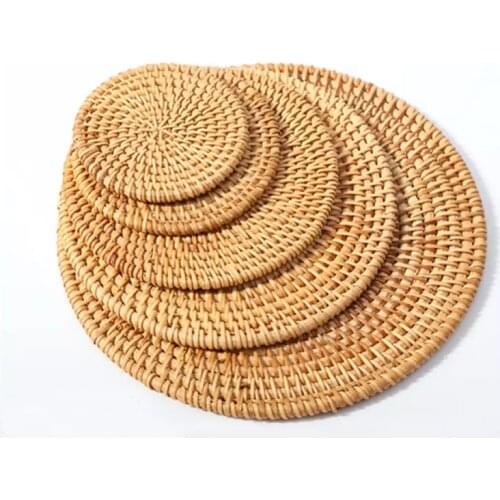 Straw Woven Dining Table Mats 8-16CM Round Rattan Placemat Holder Cup Coasters Natural Corn Heat Insulation Kitchen Accessories