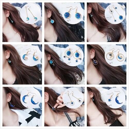 Japan and South Korea blue starry sky planet earrings small fresh ins net red long tassel asymmetric earrings earrings earrings