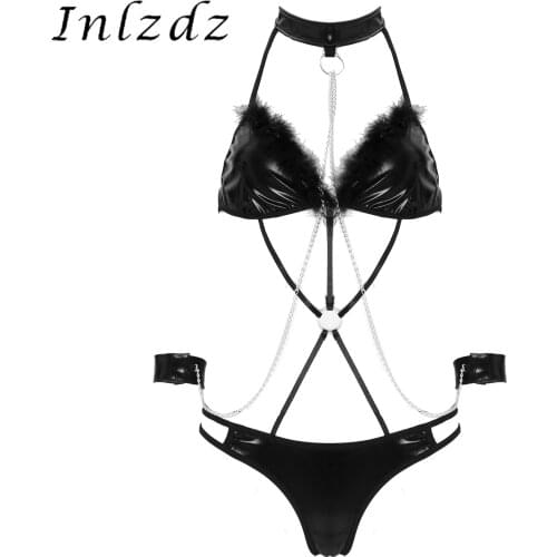 Women Feather Trimming Patent Leather Lingerie Set Halter Lace-up Strappy Sexy Bodysuit Metal Chain Decor Leotard with Wristband