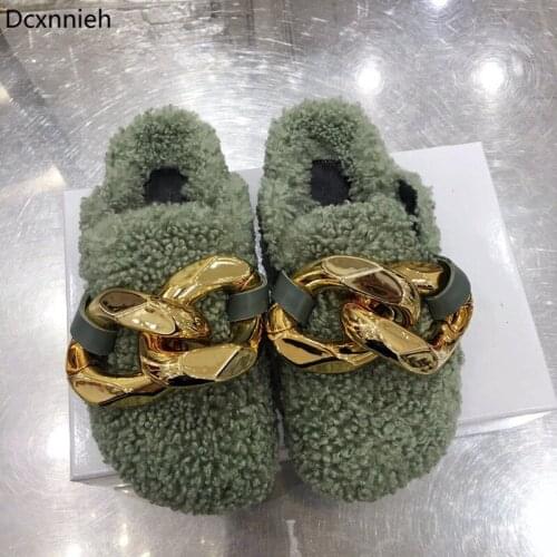 New Runway Gold Chain Closed Toe Flat Slippers Women Sheep Curly Thick Sole Mules Woman Round Toe Furs Brand Shoes For Women