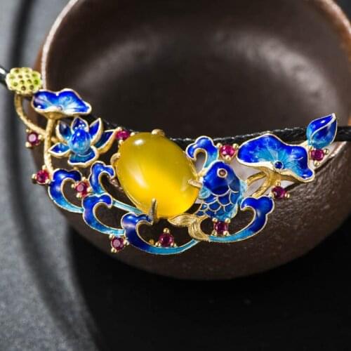 National Retro Thai Silver Tektronix Silver Jewelry Cloisonne S925 Sterling Silver Lotus Natural Yellow Agate Women Pendant