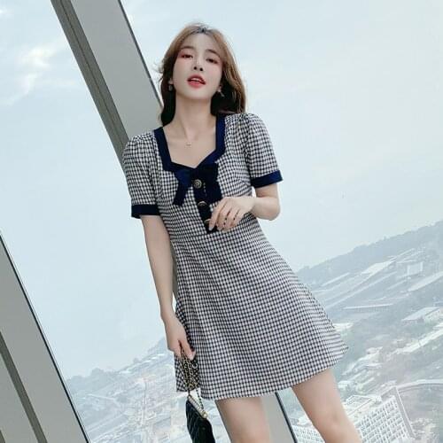 Square Collar Vintage Blue Plaid Summer Women Dress 2021 Elegant Bow Buttons Puff Short Sleeve Korean Mini Dresses vestidos