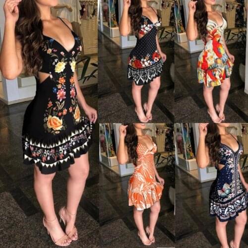 Ladies Dress Summer Sexy Dress Ladies High Waist Hollow Print Mini Dress