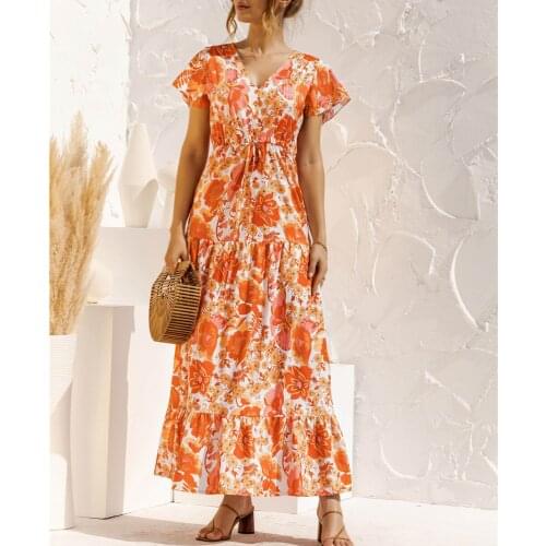 Happie Queens women floral print short sleeve beach Bohemian maxi dress Ladies v-neck Boho sundress vestidos