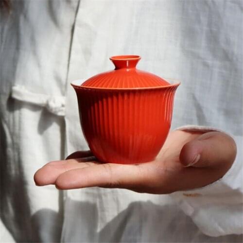 150ML Glazed Jade Mud White Porcelain Bowl Red Purple And Gold Edge Glaze Kung Fu Sancai Cup Ceramic Tea Bowl Teacup Wholesale