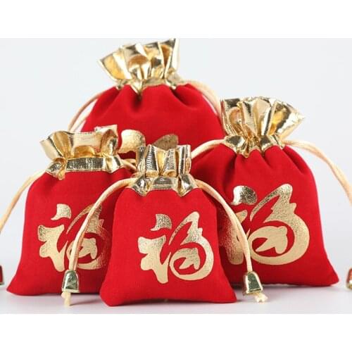 20pcs/lot 7*9, 8*10, 10*12.5, 12*16 cm Lucky Chinese FU Letter Gold Opening Bell Drawstring Velvet Pouches Gift Packing Bags