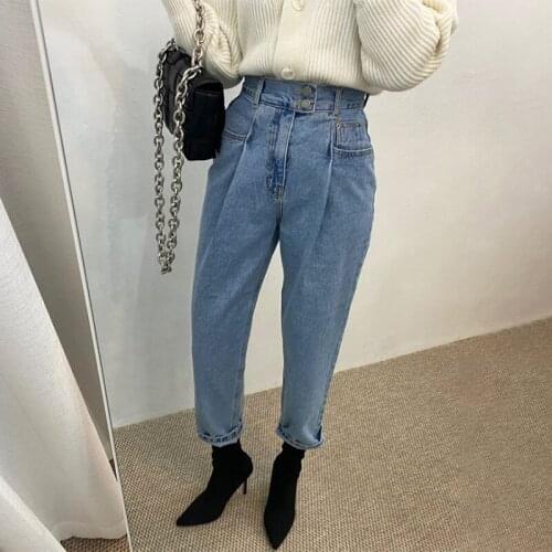 2021 Casual Double Button High Waist Women Denim Harem Pants Autumn Winter Streetwear Loose Female Streetpants Blue Jeans P174