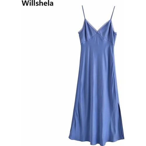 2021 Women Fashion Dress Thin Straps Lace Trims Neckline Vintage Pajama Style Woman Slit Flowing Midi Dresses Robe Femme
