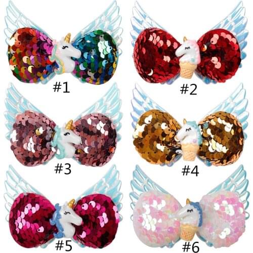 30 pcs/lot, 9 cm Hot sale new unicorn sequin bow with hair clip angel wing sequined hair fashion accessories