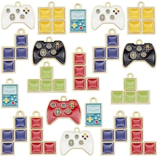 Julie Wang 8PCS Enamel Charms Mixed Tetris Game And Gamepad Console Alloy Pendant Bracelet Earrings Jewelry Making Accessory