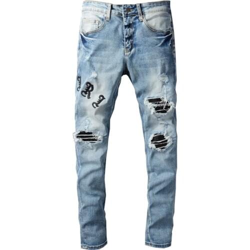 American Street Style Fashion Men Jeans Retro Light Blue Slim Fit Ripped Jeans Men Embroidery Patch Designer Hip Hop Punk Pants