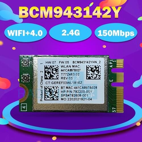 Wireless Adapter Card for Wlan+Bluetooth Broadcom BCM943142Y 150Mbps M.2 NGFF WiFi BT 4.0 802.11b/g/n SPS:792608-001