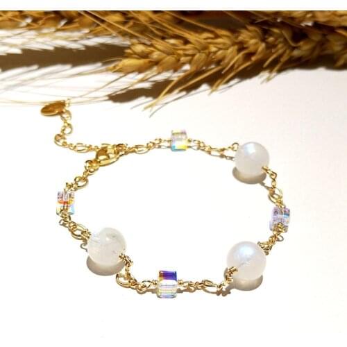 Lii Ji Aurora Natural Moonstone Austrian Crystal Cube Chain Link Bracelet 17cm+3cm