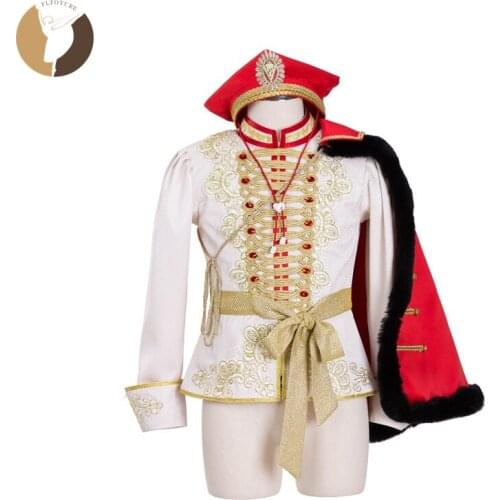 FLTOTURE Male Ballet Competition Jacket Long Sleeve White Top Coat With Headwear Cloak Prince Stage Costume Soldier Boys Tunic