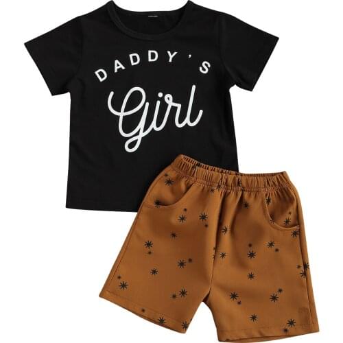 2 Pieces Kids Girl Clothes Set Letter Print Round Neck Short Sleeve T-Shirt+ Short Pants for Summer Black 1-6 Years