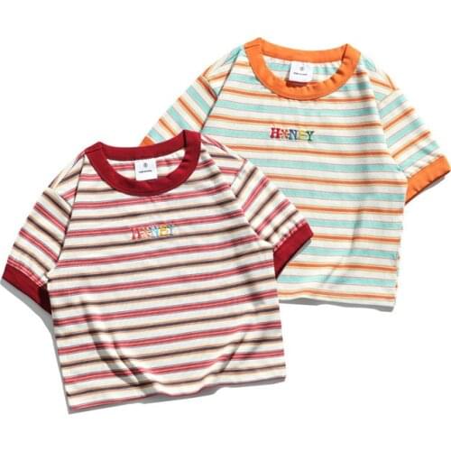 Korean Striped Fun Embroidery Top Mens Round Neck Short Sleeve Navel Dress Summer T-shirt Womens College Style