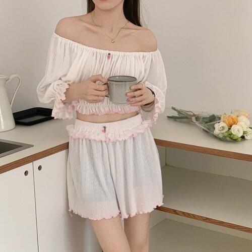 Summer Home Women Sleep Top Short Sleeve Pleating Princess Style Pajamas Set Girl Cotton Casual Comfortable Loungewear Fashion