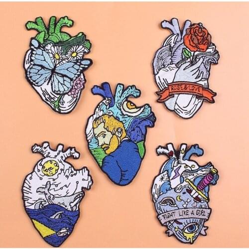 Pulaqi Heart Flowers Patches For Clothing Van Gogh Patch Stripes Wilderness Waves Embroidered Stickers For Clothes Appliques DIY