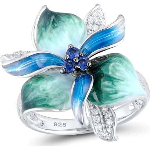 New Trendy Gorgeous Enamel Petal Flower Silver Wedding Engagement Rings for Women High Quality Temperament Wide Vintage Jewelry