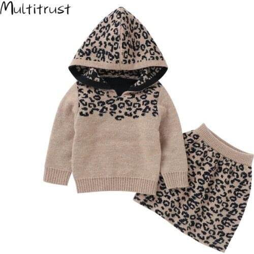 Baby Girl Clothes Leopard Print Clothes Set Girls Long Sleeve Hooded Sweater + Skirt with Elastic Waist for Winter Fall