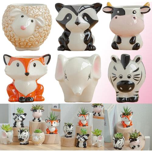 RBCFHl 1PC Style Ceramic Animal Flower Pot Cartoon Zebra Sheep Cow Head Mini Pot Succulents Plants Bonsai Pots Home Decoration