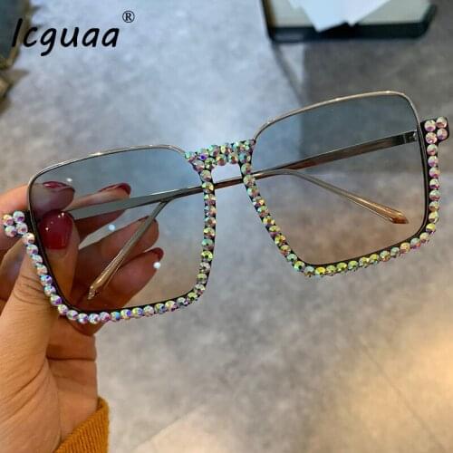 Crystal Square Half frame Sunglasses Women Fashion Clear Lens Diamond Frame Gradient Blue Tea Elegant Female Eyewear UV400