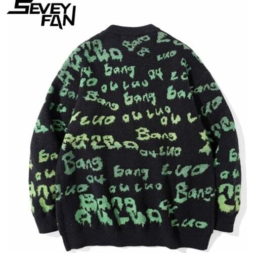 SEVEYFAN Mens Fashion Letters Jacquard Sweater Harajuku Loose O Neck Knitwear New Autumn Pullover Sweaters for Couples