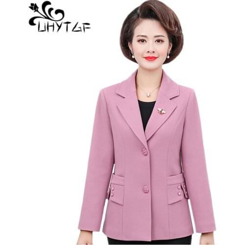 UHYTGF 5XL plus size jacket womens solid color wild casual Spring-autumn coat female fashion suit collar elegant short coats 904