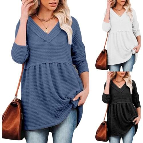 Fashion Waffle Folds Women V-Neck Loose Solid shirts Long-Sleeve girl Summer Shirt Stitching Tops Blouse Cotton Casual Clothing