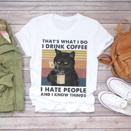 Women Cartoon Cat 90s Coffee Funny Fashion Halloween Print Lady T-shirts Top Womens Graphic T Shirt Ladies Female Tee T-Shirt
