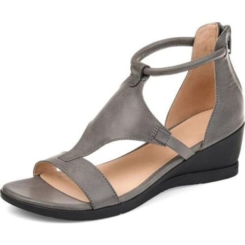 New style ladies zipper sandals mid-heel high-heel summer slope heel ladies retro PU leather womens shoes ladies open toe shoes