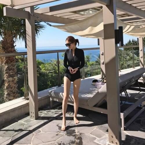 2021 New Summer Solid One-piece Swimsuit Women V-neck Long Sleeve Monokini Beach Btahing Suits Bathing Zipper Swimwear