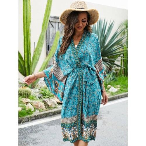 Happie Queens Women Floral Print Sashes bohemian happie Kimono Ladies V Neck batwing Sleeves Boho Maxi dress robe