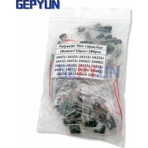 180PCS=18value*10PCS Polyester film capacitor Assorted Kit contains 2A104J 2A332J 2A472J 2A103J 2A333J 2A473J 2A563J 2A223J