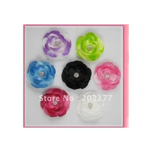 Free shipping!24pcs/lot 6cm New double color lotus flowers with rhinestones 6colors for your choice