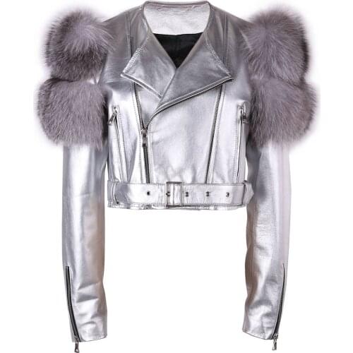 YOLOAgain Shiny Sliver Women Motorcycle Leather Jacket Real Fox Fur Sleeve
