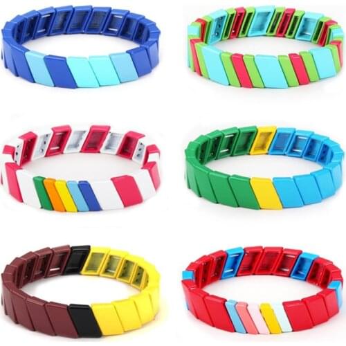 Rainbow Tile Hematite Bracelet Tibetan Enamle Charms Jewelry Bohemian Tila Stretch Square Bead Bracelet Women Girls Bracelet