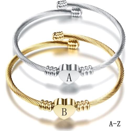 26 Alphabet Letter Bracelet Heart Initial Bangle Women A-Z Stainless Steel Open Cuff Charm Bangle Adjustable Jewelry Girls Gift