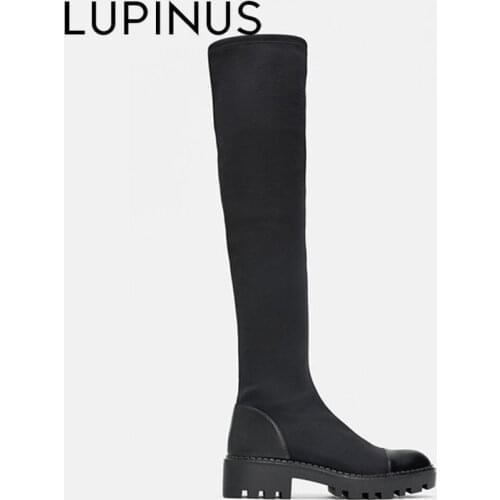 LUPINUS Black Stretch Fabric Women Boots Chunky Platform Knee High Boots Luxury Brand Riding Boots Round Toe Knee High Boots