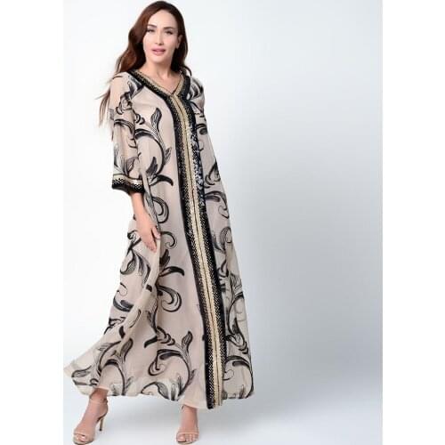 Dubai Arab Muslim Dress Fashion Sequins Embroidered V Neck Abaya Duabi Arabic Turkey Moroccon Kaftan Islamic Clothing India Gown